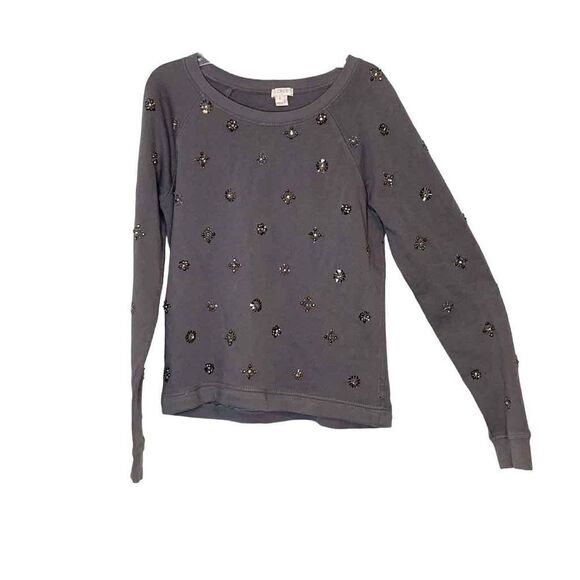 J. Crew Grey Silver Sparkle Beaded Accents Crewneck Sweatshirt Women’s S Holiday - Picture 5 of 13